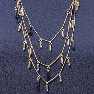 3-Strand Crystal/Navy Tassel Goldtone Necklace